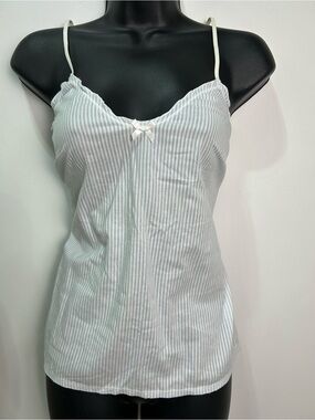 NWT MonoPrix Femme 100% Cotton Striped Spaghetti-Strap Cami - White/Light Blue